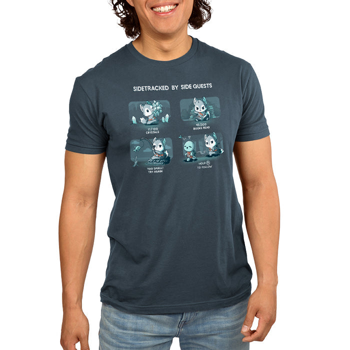 Premium Cotton T-shirt_TeeTurtle denim blue Sidetracked by Side Quests apparel featuring a wolf performing various video game side quests, such as collecting crystals, reading books, fishing, and interacting with NPCs.