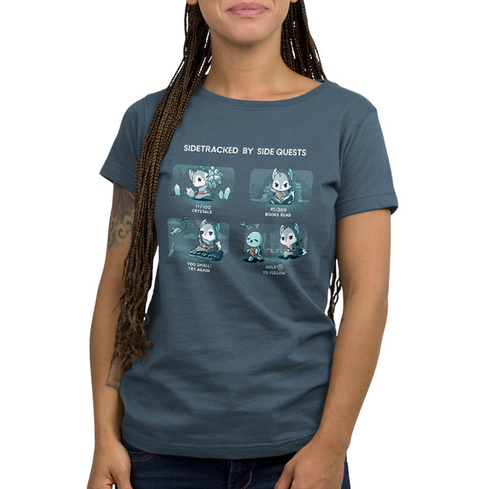 Premium Cotton T-shirt_TeeTurtle denim blue Sidetracked by Side Quests apparel featuring a wolf performing various video game side quests, such as collecting crystals, reading books, fishing, and interacting with NPCs.