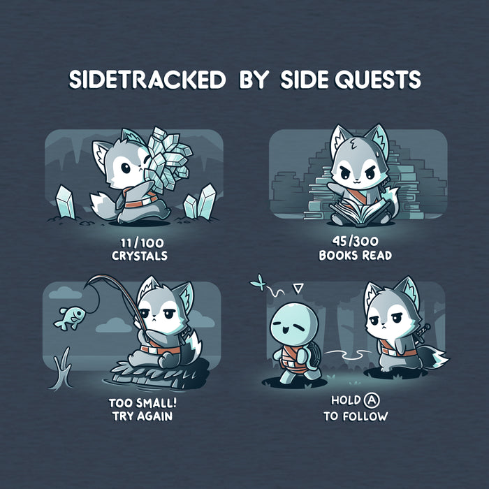 Classic Cotton T-shirt_TeeTurtle heather navy Sidetracked by Side Quests apparel featuring a wolf performing various video game side quests, such as collecting crystals, reading books, fishing, and interacting with NPCs.