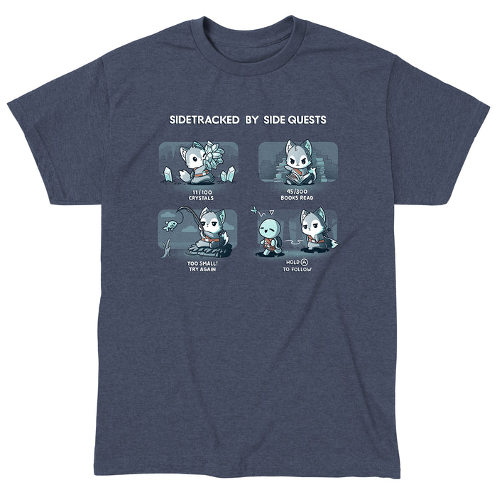 Classic Cotton T-shirt_TeeTurtle heather navy Sidetracked by Side Quests apparel featuring a wolf performing various video game side quests, such as collecting crystals, reading books, fishing, and interacting with NPCs.