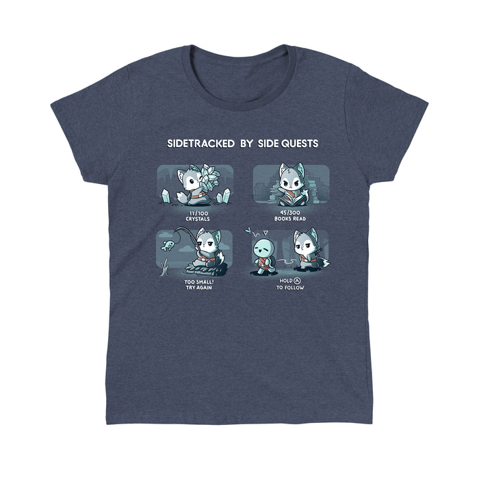 Classic Cotton T-shirt_TeeTurtle heather navy Sidetracked by Side Quests apparel featuring a wolf performing various video game side quests, such as collecting crystals, reading books, fishing, and interacting with NPCs.