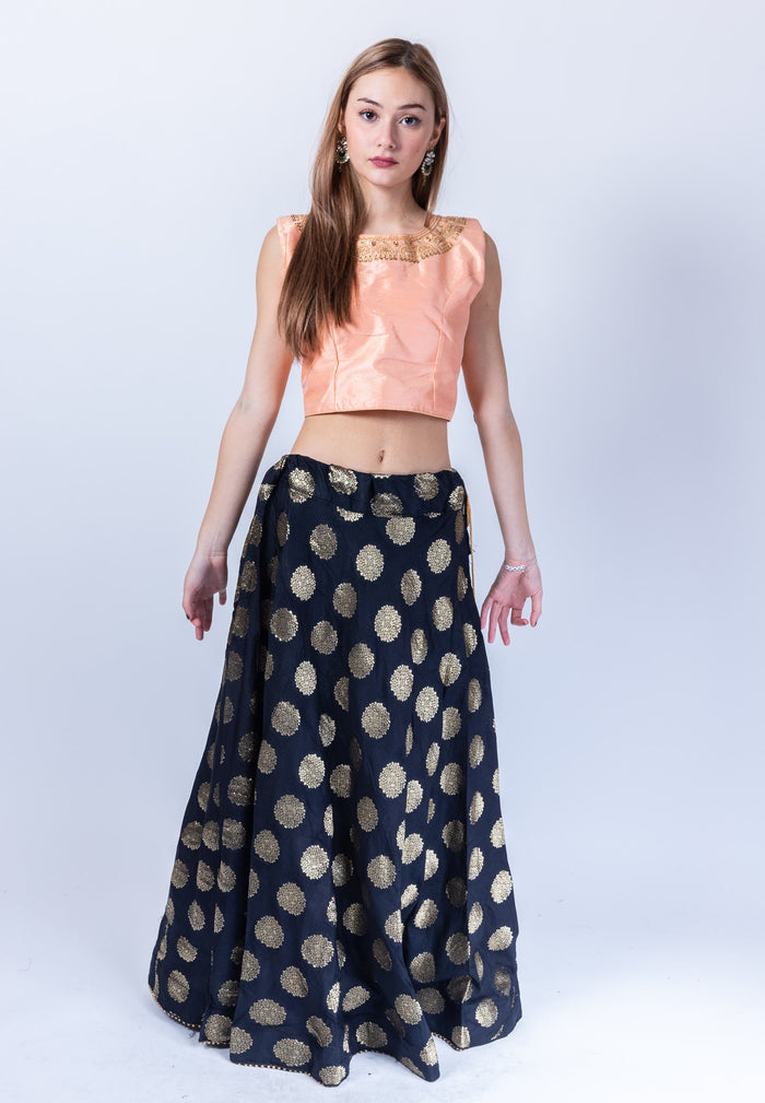 Silk Brocade Crow Black Lehenga Skirt