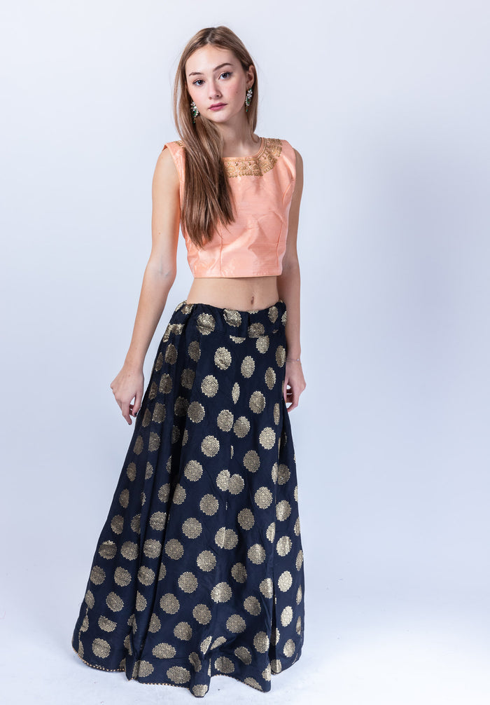 Silk Brocade Crow Black Lehenga Skirt