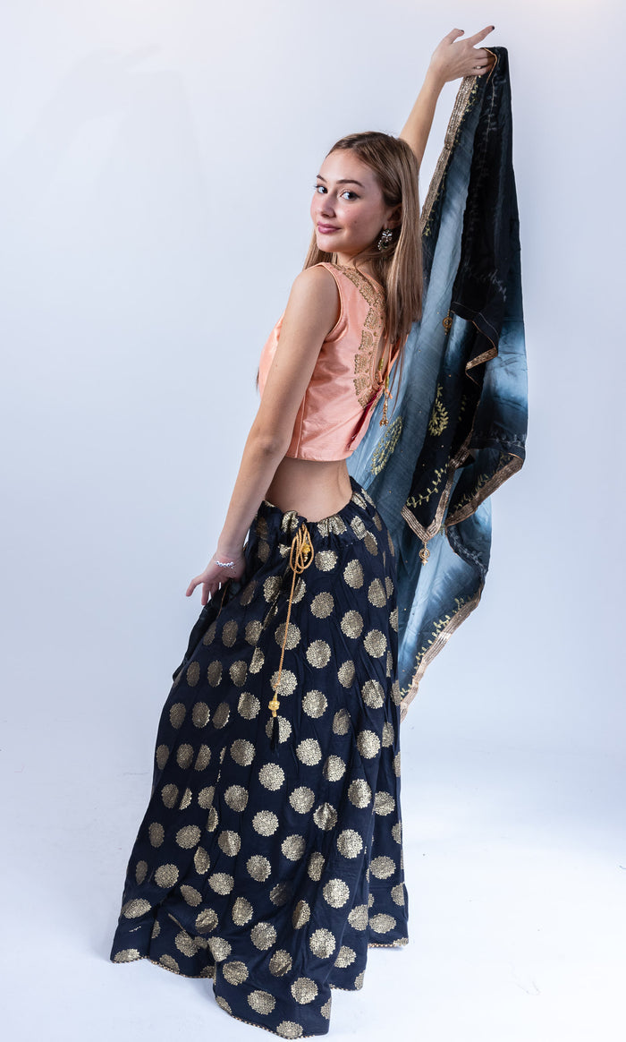 Silk Brocade Crow Black Lehenga Skirt
