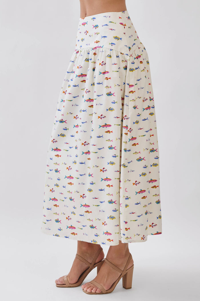 Skirt Colorful Fish Print Drop Waist Maxi