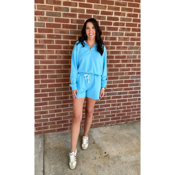 Sky Blue Lounge Set – Half Zip Pullover & Drawstring Shorts Set 258 / 328