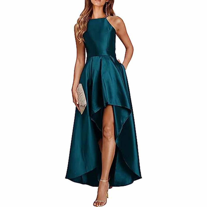 Sleeveless Satin Wedding Guest Outfit A Line Bridesmaid Dress High-Low Prom Dress