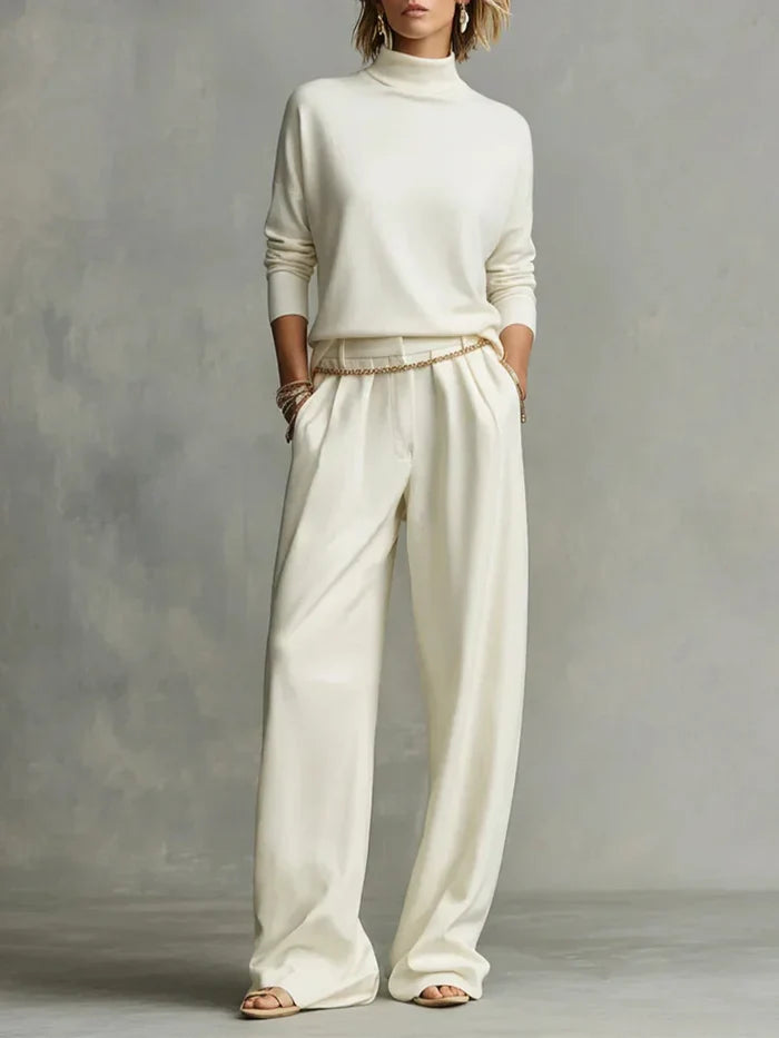 Soft High Neck Top and Flowing Wide Leg Pants Set (with Included Chain Belt)