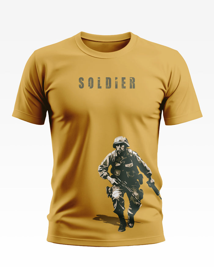 Yellow men's t-shirt with 'Soldier' text and armed soldier graphic print on front.