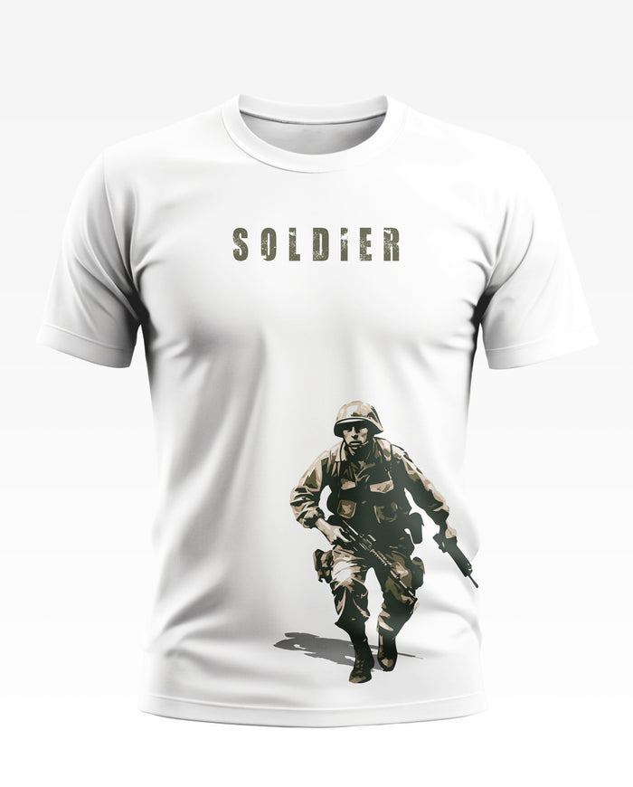 White men's t-shirt with 'SOLDIER' text and graphic of army soldier in combat uniform