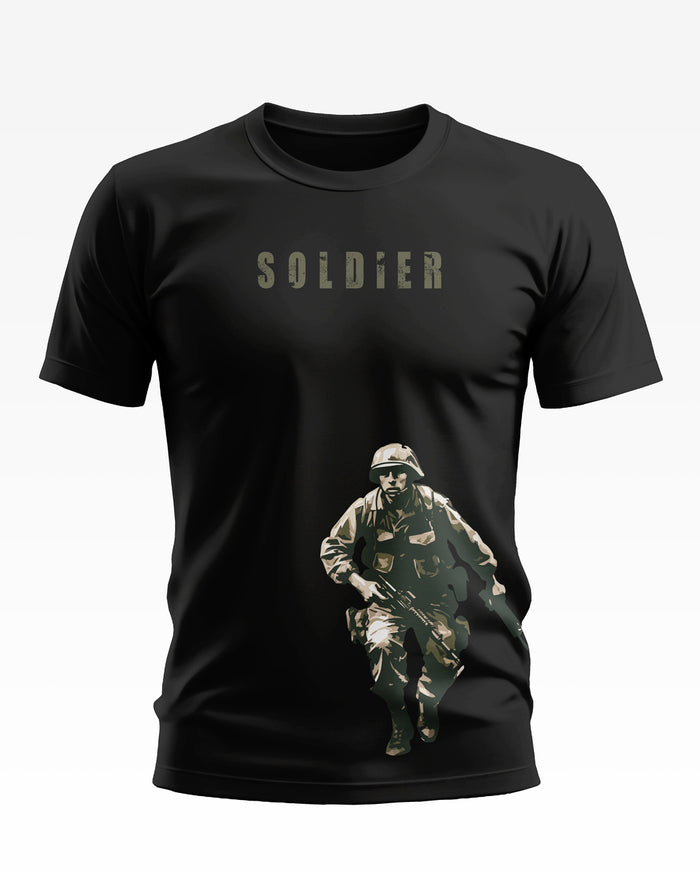 Black men's t-shirt with 'SOLDIER' text and army soldier graphic, military fashion