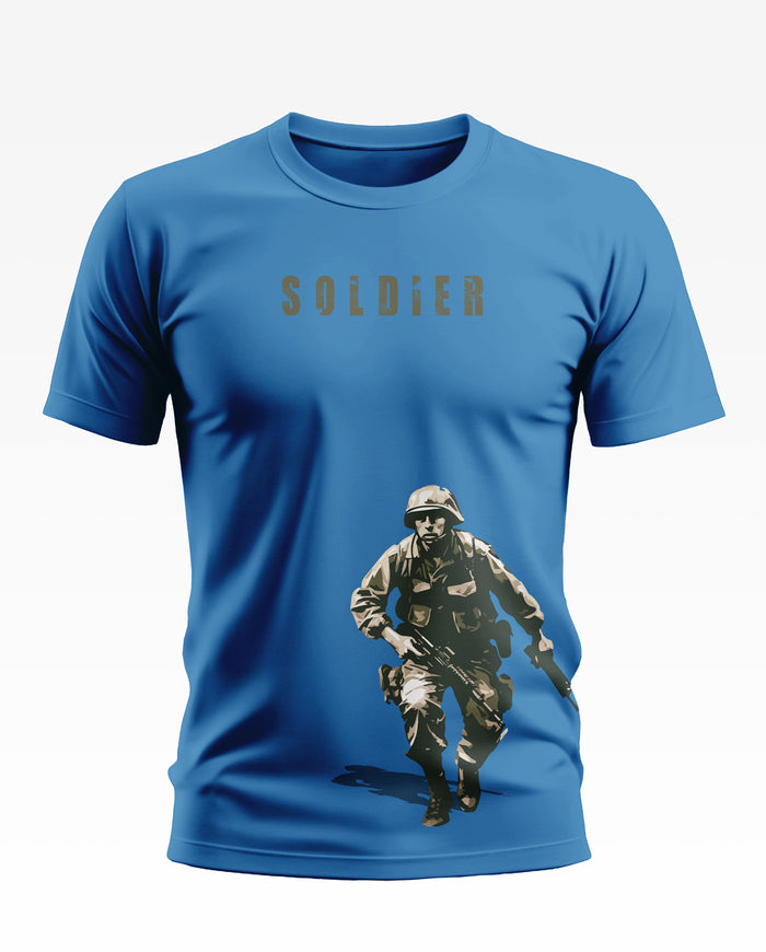 Blue men's t-shirt with 'SOLDIER' text and graphic of an armed soldier on the front.