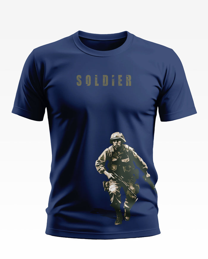 Navy blue men's t-shirt with 'SOLDIER' text and printed army soldier graphic on front