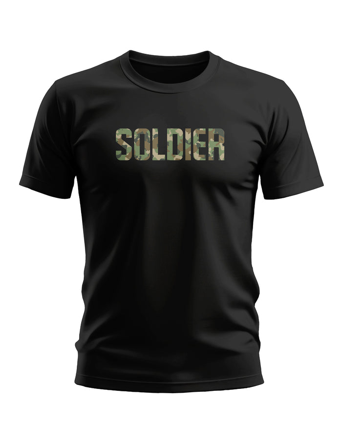 Black men's t-shirt with 'SOLDIER' in camouflage print, army-inspired fashion