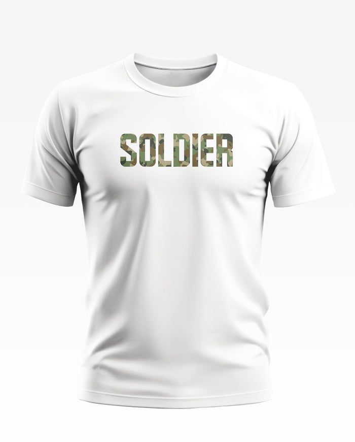 White men's t-shirt with 'SOLDIER' in camo print, army style casual fashion.