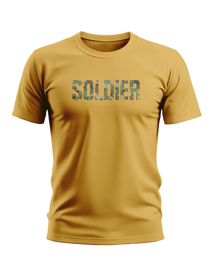 Yellow men's t-shirt with 'SOLDIER' camo print, round neck, short sleeves