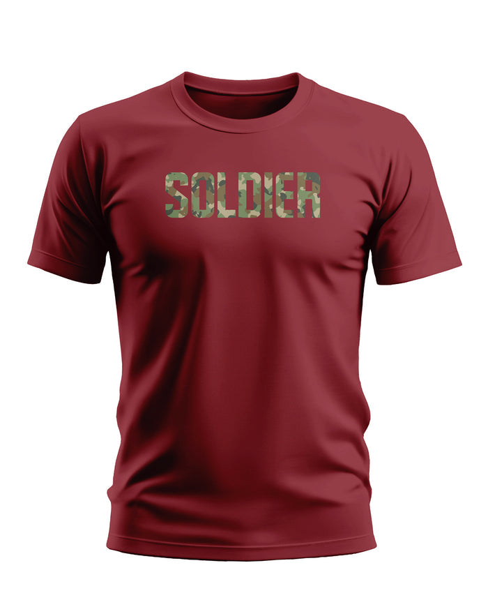 Maroon men's t-shirt with camouflage 'SOLDIER' print, short sleeves, front view