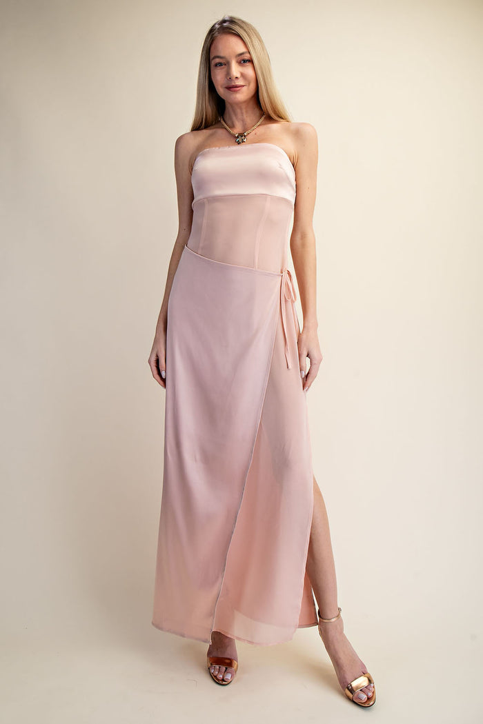 Strapless Satin Wrap Maxi Dress with Side Slit - SALE