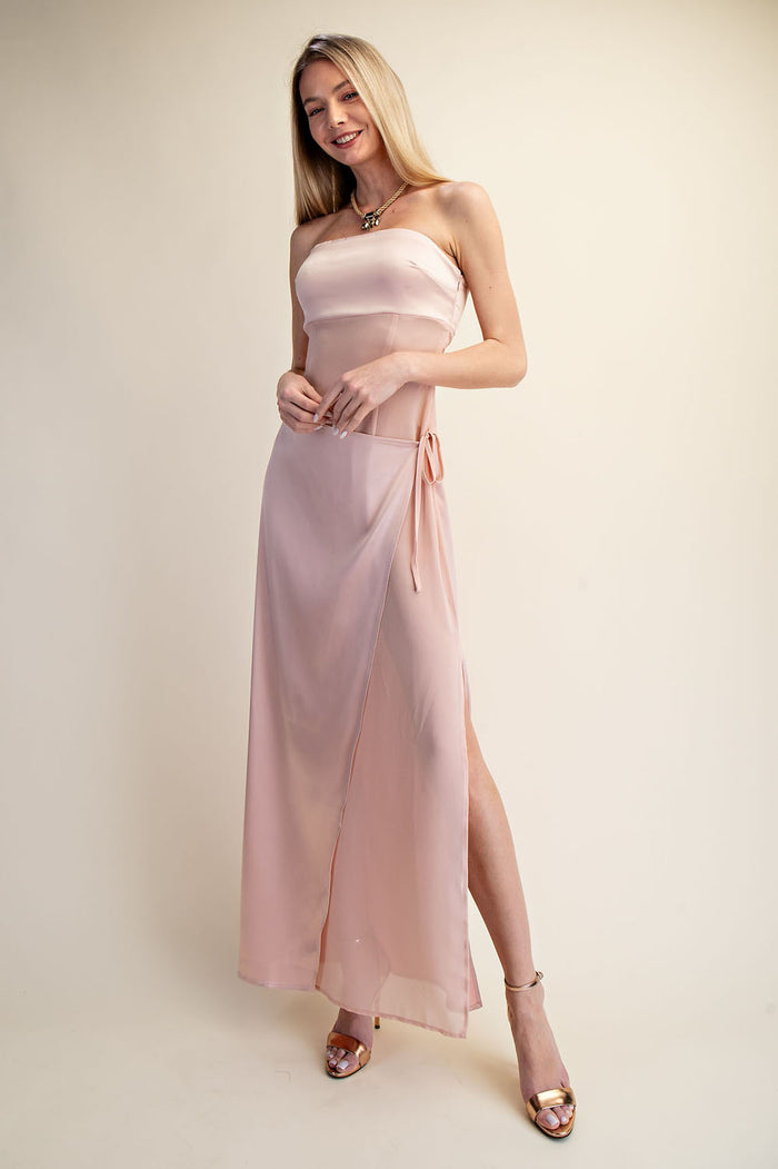 Strapless Satin Wrap Maxi Dress with Side Slit - SALE