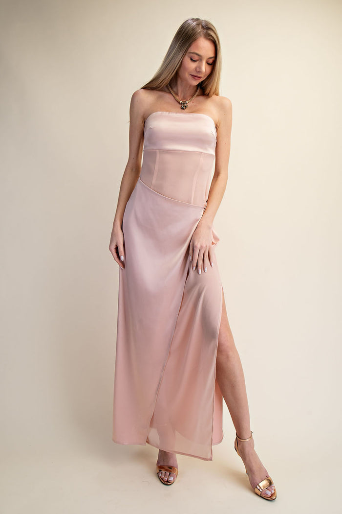 Strapless Satin Wrap Maxi Dress with Side Slit - SALE