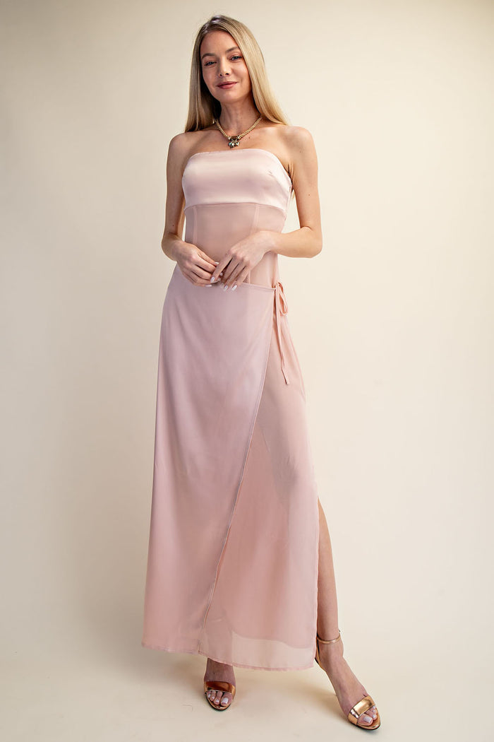 Strapless Satin Wrap Maxi Dress with Side Slit - SALE