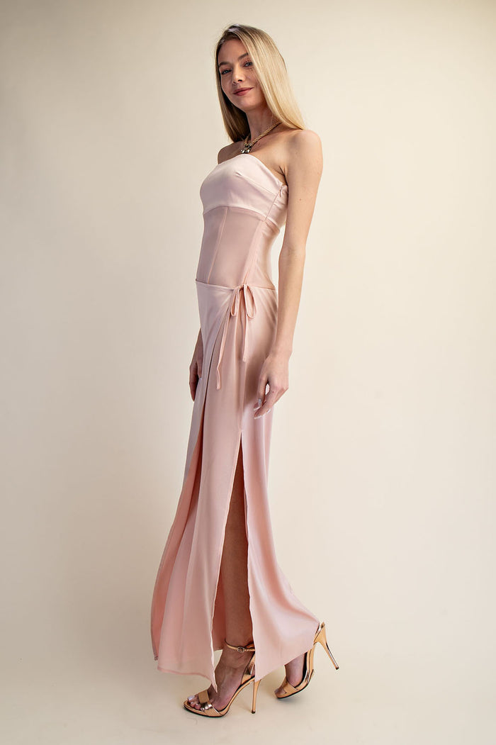 Strapless Satin Wrap Maxi Dress with Side Slit - SALE
