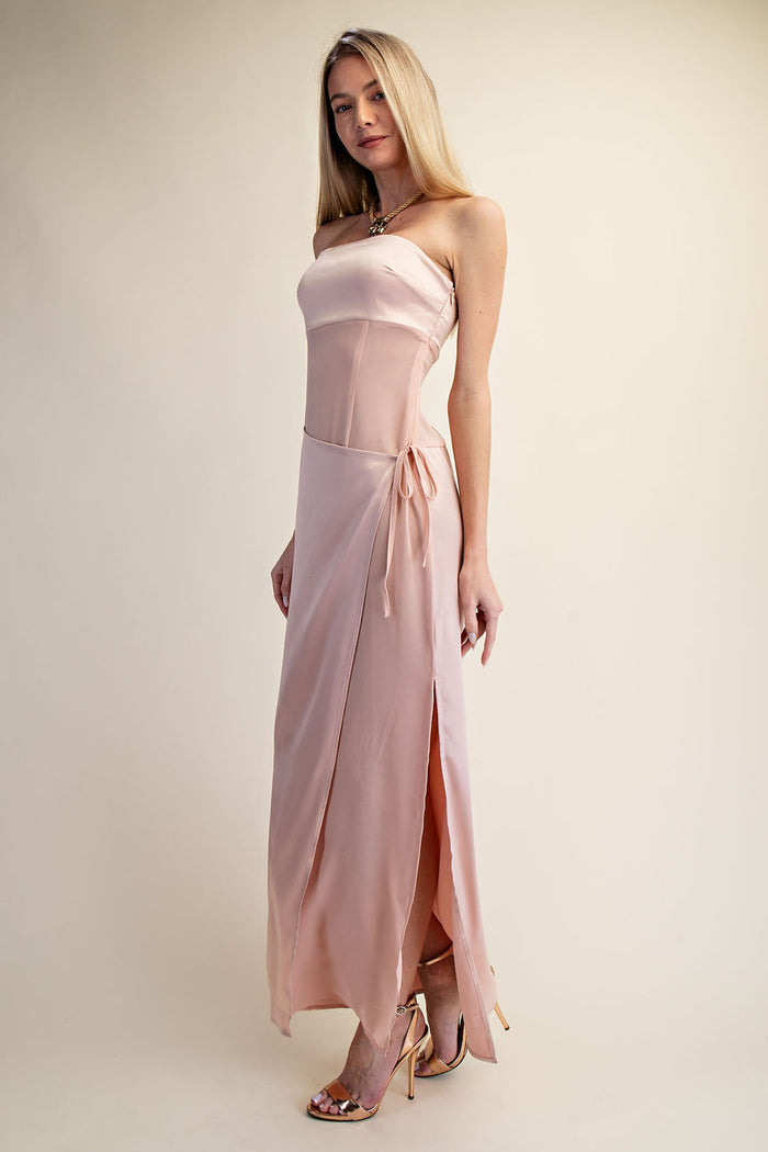 Strapless Satin Wrap Maxi Dress with Side Slit - SALE