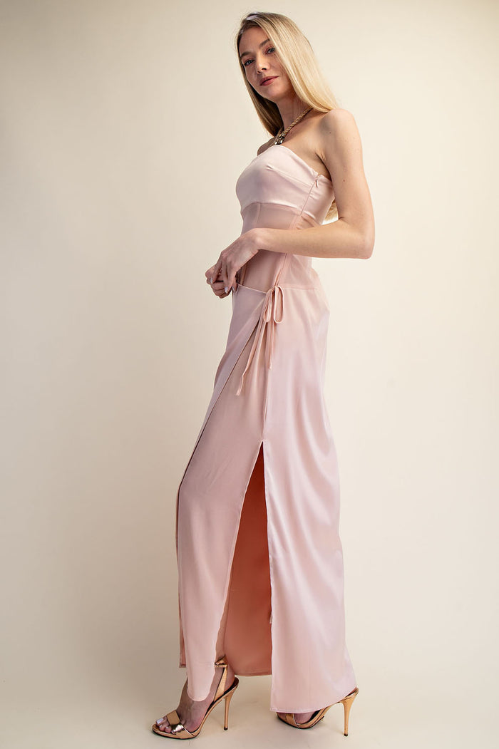 Strapless Satin Wrap Maxi Dress with Side Slit - SALE