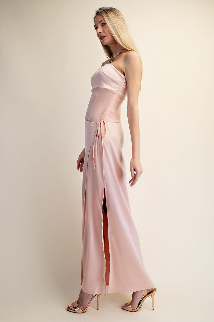 Strapless Satin Wrap Maxi Dress with Side Slit - SALE