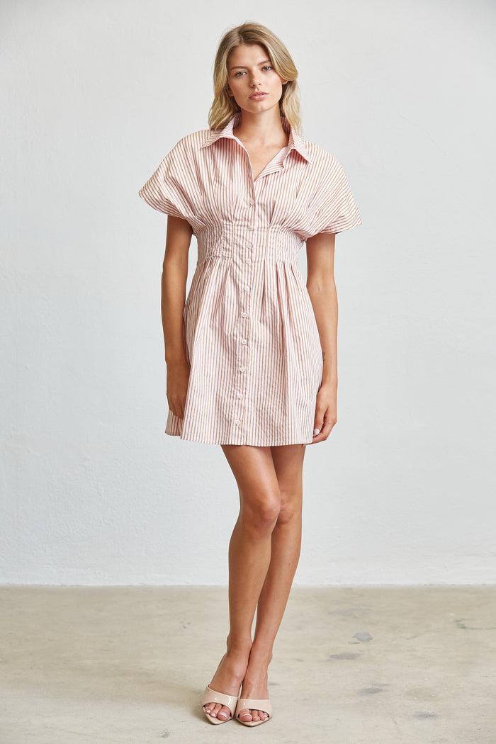 Stripe Cotton Shirt Mini Dress with Smocked Waist - SALE