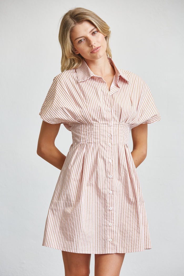 Stripe Cotton Shirt Mini Dress with Smocked Waist - SALE