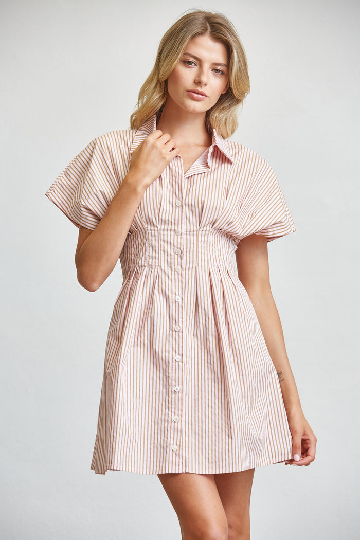 Stripe Cotton Shirt Mini Dress with Smocked Waist - SALE
