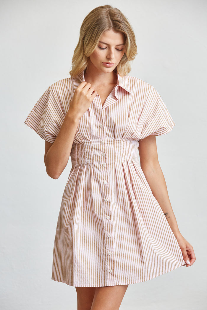 Stripe Cotton Shirt Mini Dress with Smocked Waist - SALE