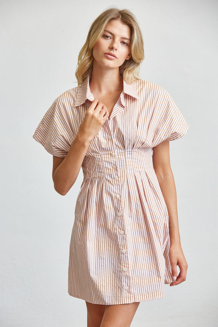 Stripe Cotton Shirt Mini Dress with Smocked Waist - SALE