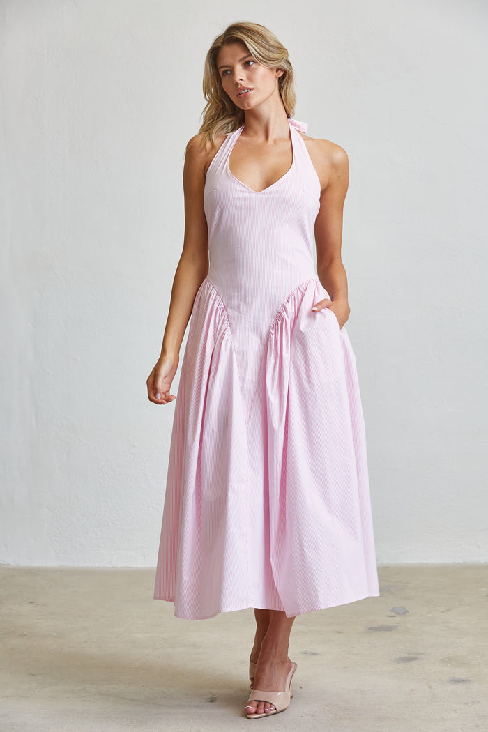 Stripe Halter Midi Dress With Pockets - SALE