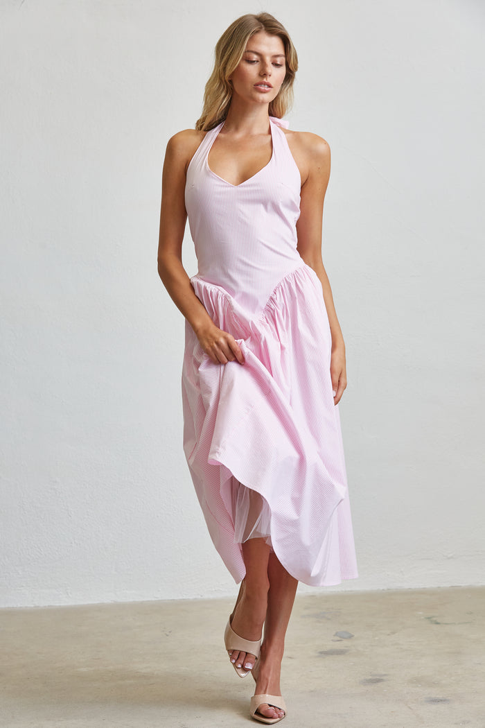 Stripe Halter Midi Dress With Pockets - SALE