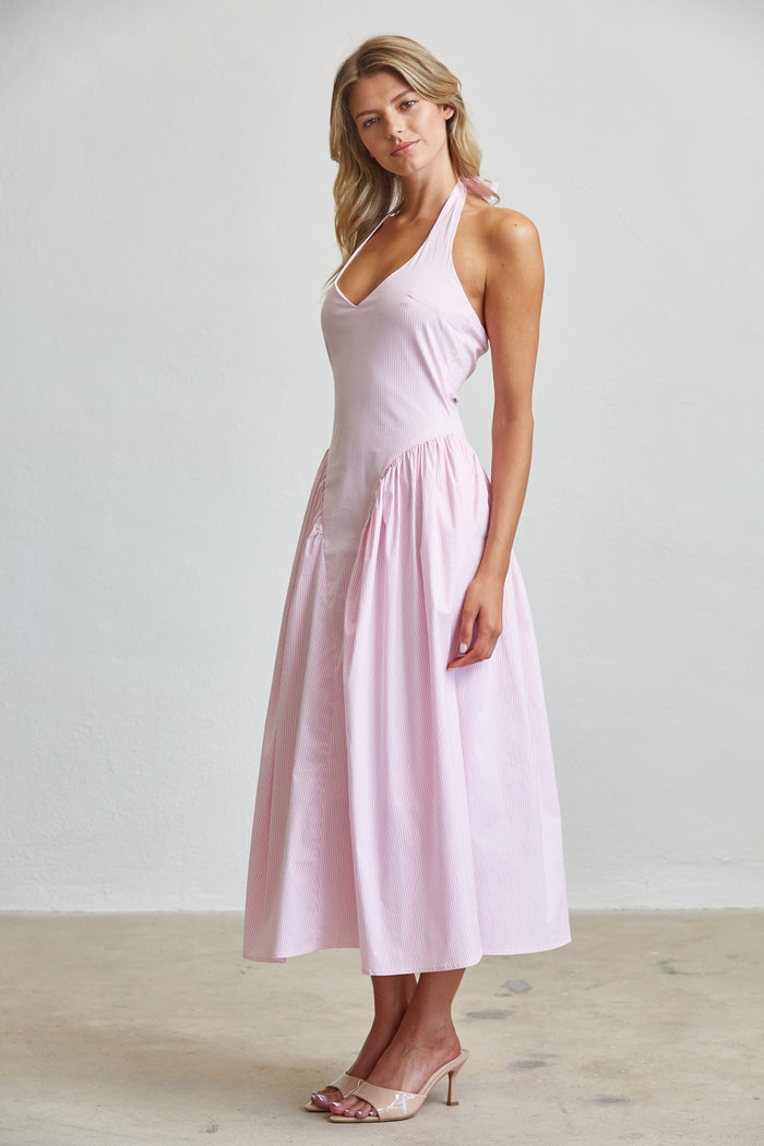 Stripe Halter Midi Dress With Pockets - SALE
