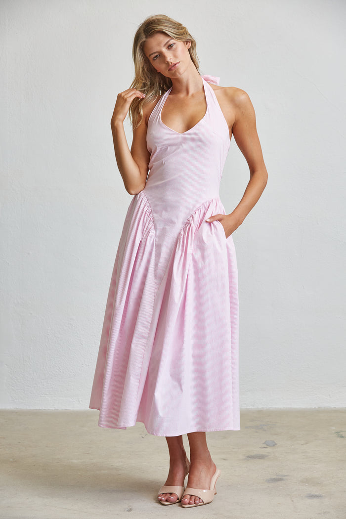Stripe Halter Midi Dress With Pockets - SALE