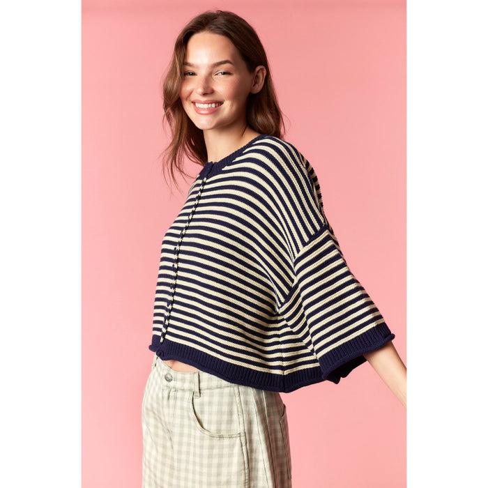 Striped Half Sleeve Oversize Cardigan - Navy / Ivory