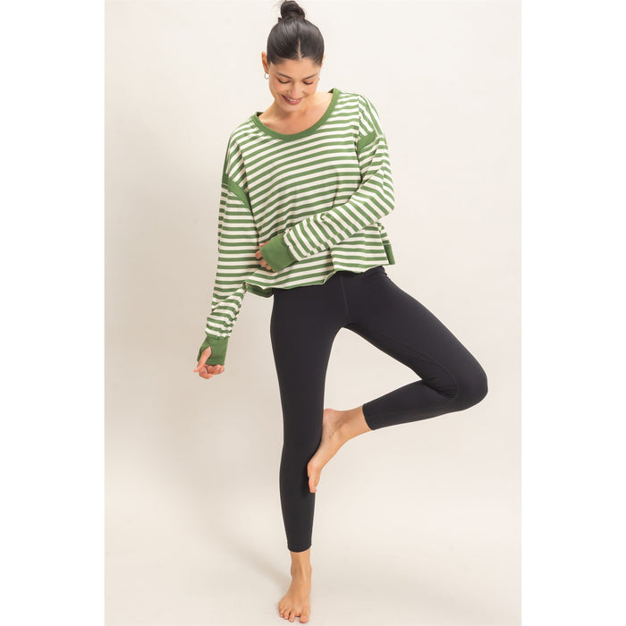 Striped Open Back Long Sleeve Top 908 – Green