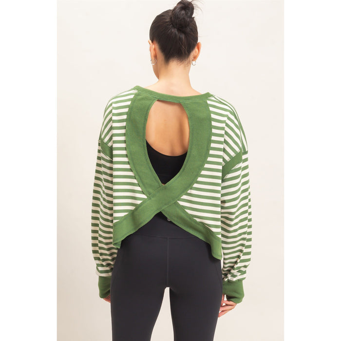 Striped Open Back Long Sleeve Top 908 – Green