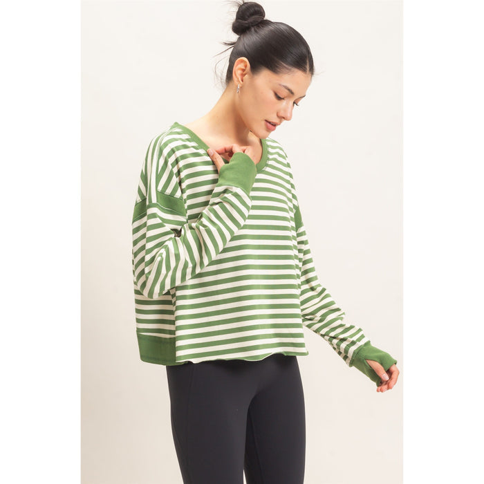 Striped Open Back Long Sleeve Top 908 – Green
