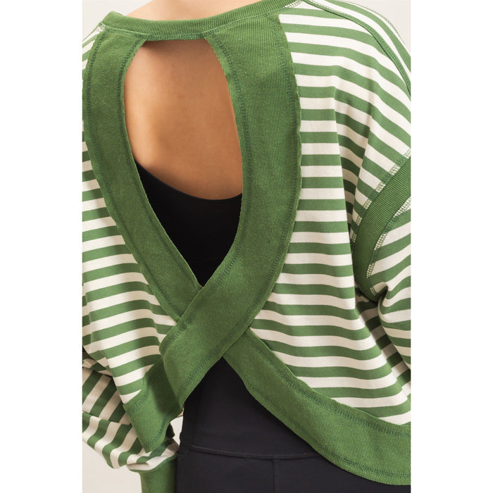 Striped Open Back Long Sleeve Top 908 – Green