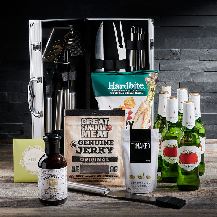 Summer Grilling Companion Gift Set, beer gifts, nuts, chocolate, beef jerky, grill set