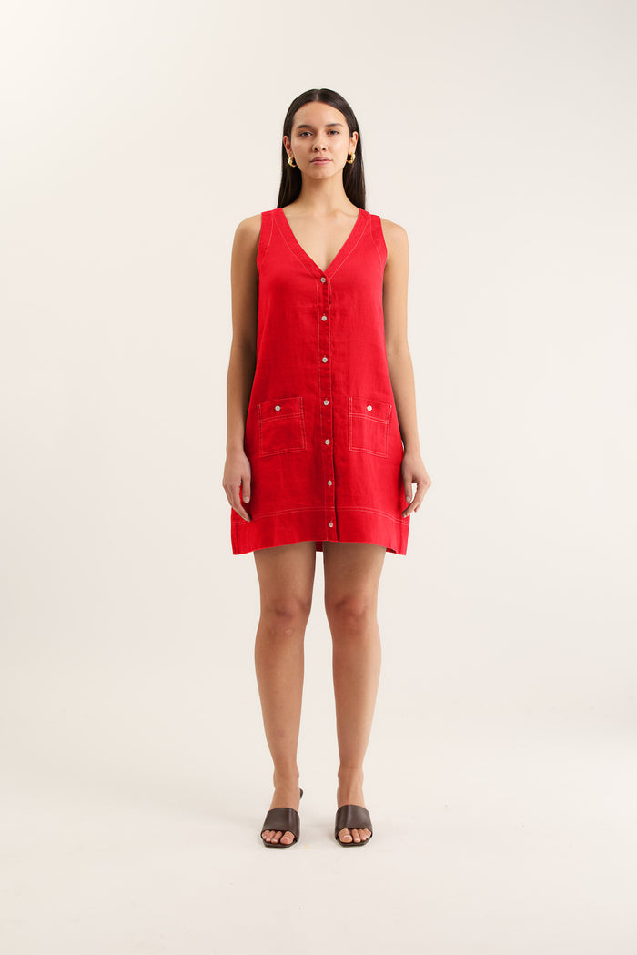 Tani Linen Dress In Red/White