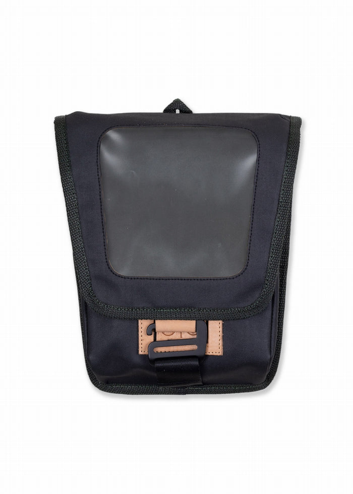 Black pouch with a transparent window and a tan buckle, designed for practical use and easy access.