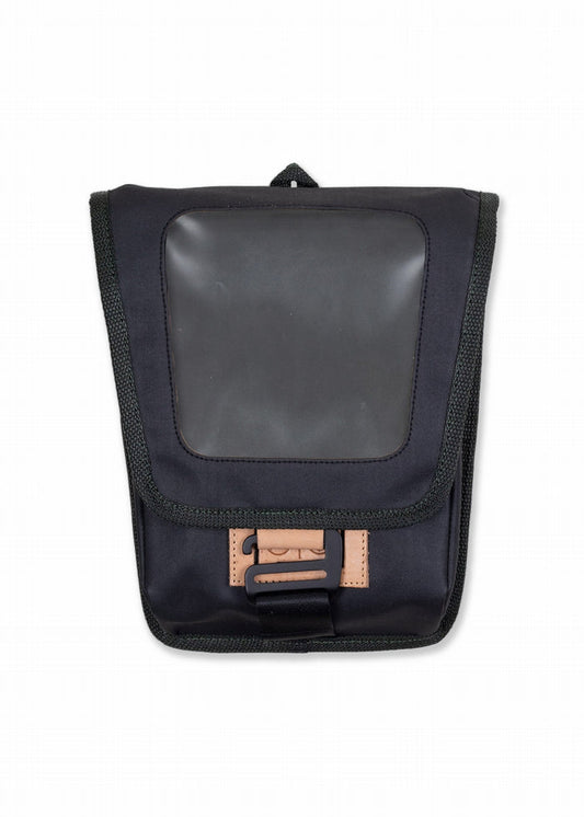 Black pouch with a transparent window and a tan buckle, designed for practical use and easy access.