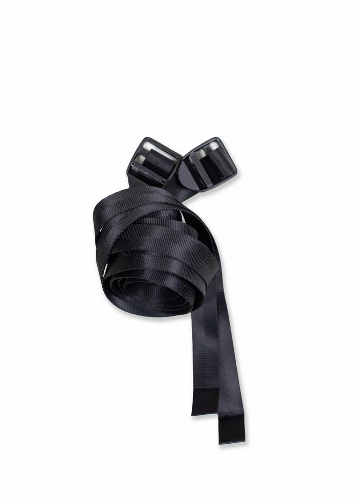 Black nylon belt with two plastic buckles, coiled neatly on a white background, showcasing its sleek and practical design.