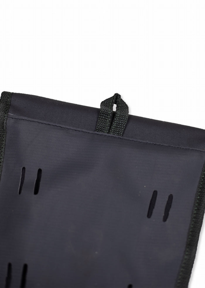 A black fabric pouch with slits and a loop for hanging, designed for organizing or storing small items efficiently.
