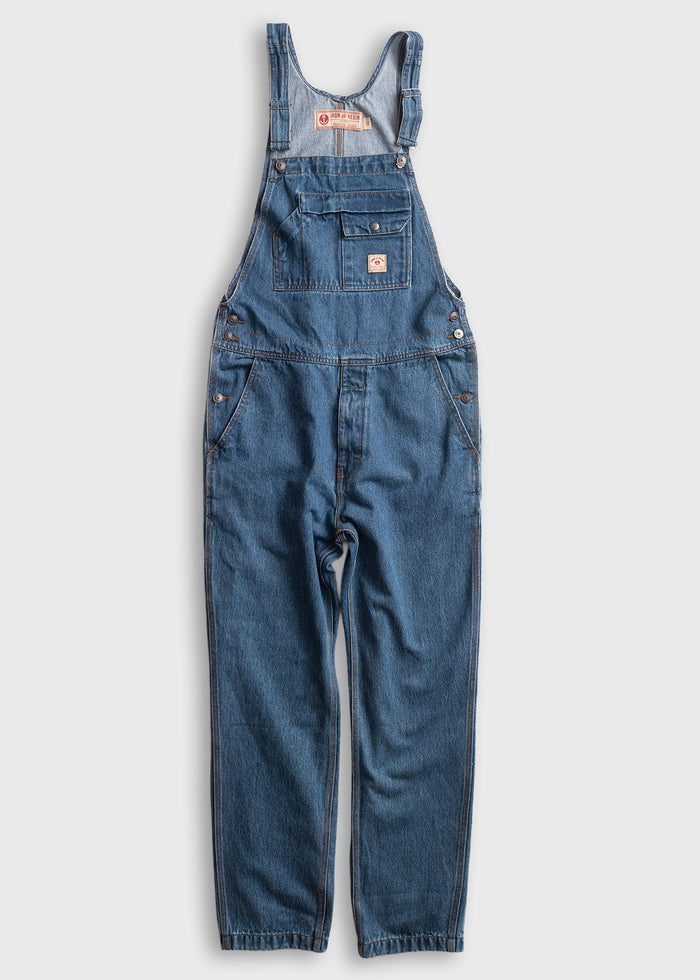Blue denim overalls with adjustable straps and multiple pockets, displayed on a plain background. Classic workwear style.